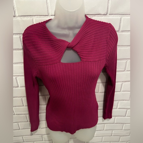 CALVIN KLEIN women’s cut-out ribbed knit pullover sweater fuchsia/size M - Picture 2 of 7